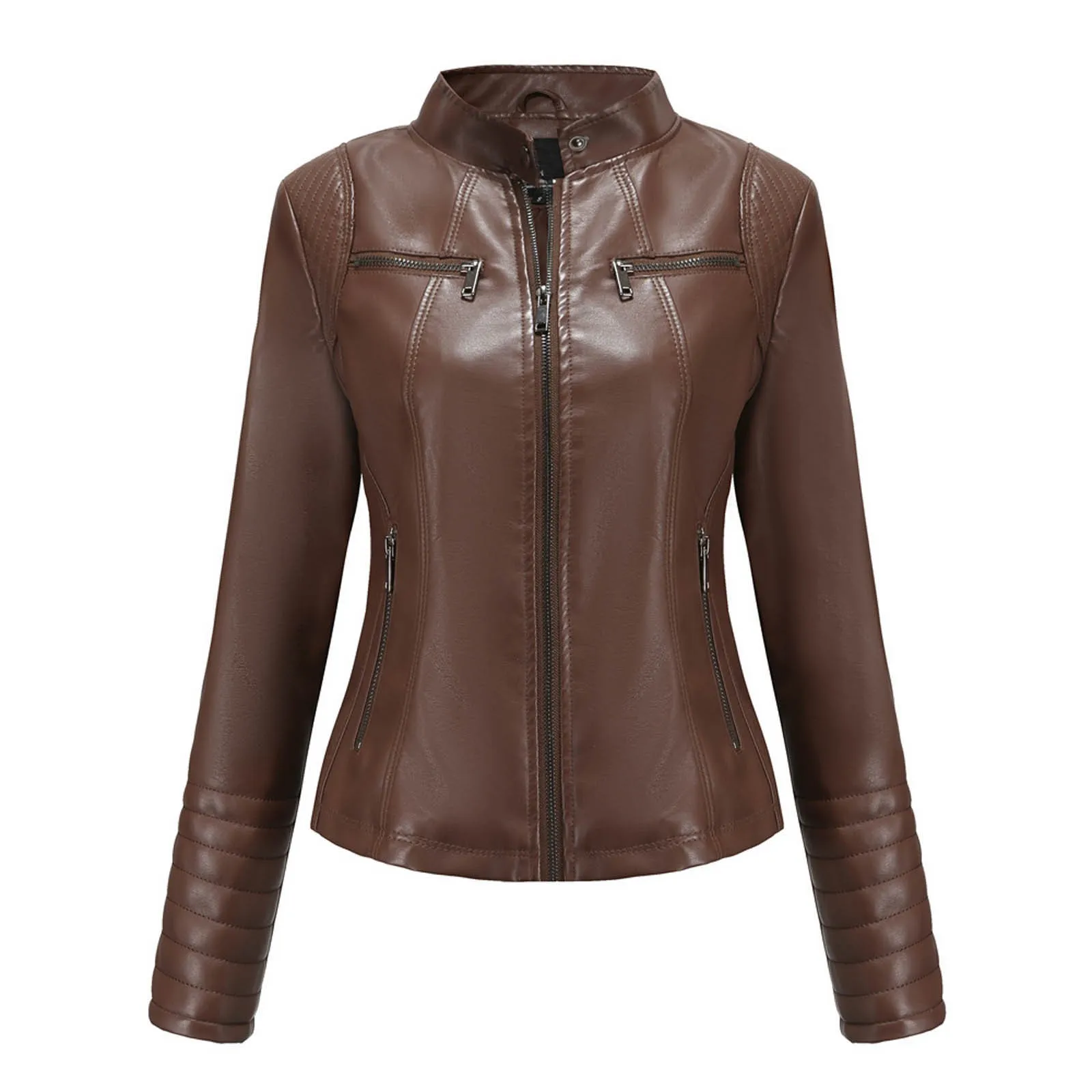 Mode Frauen Solide Farben Slim-Fit Langarm Leder Stehkragen Zipper Motorrad Anzug Dünne Mantel Jacke Oberbekleidung # g3