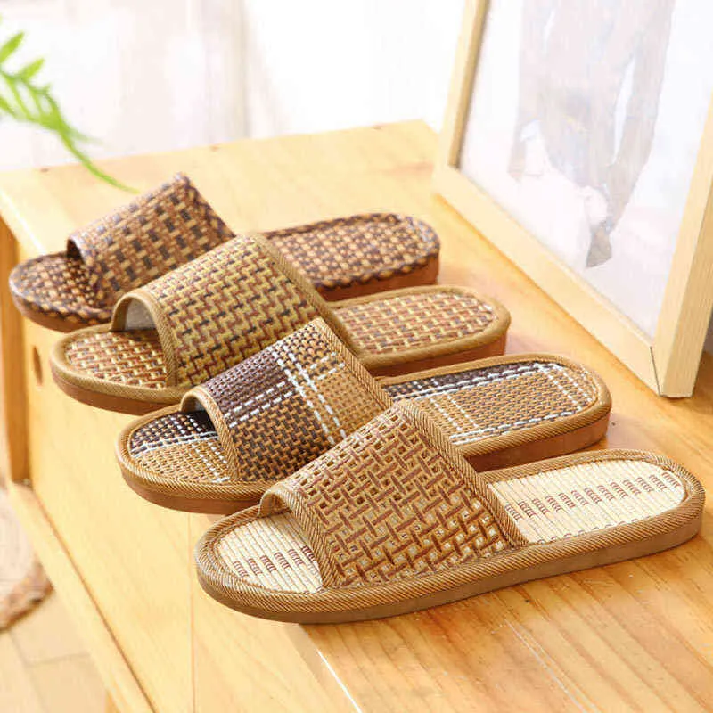 Straw-bamboe sandalen en slippers voor vrouwelijke paren om te gebruiken in binnen- en huisvrije tijd antislip slijtvaste zweet-absorberende Y220214