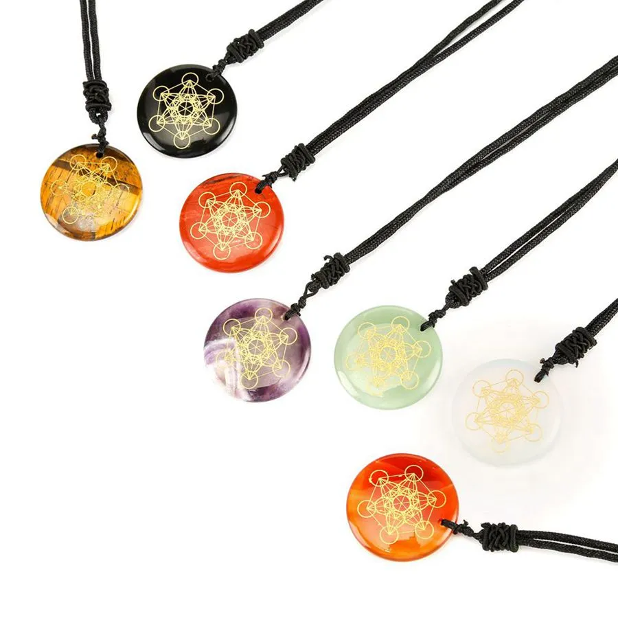 Natural Stone Disc Shape Charm Fashion Necklace Graved Flower of Life Multidimensional Metatrone Cube Pendant Amethyst Rose Quar281H