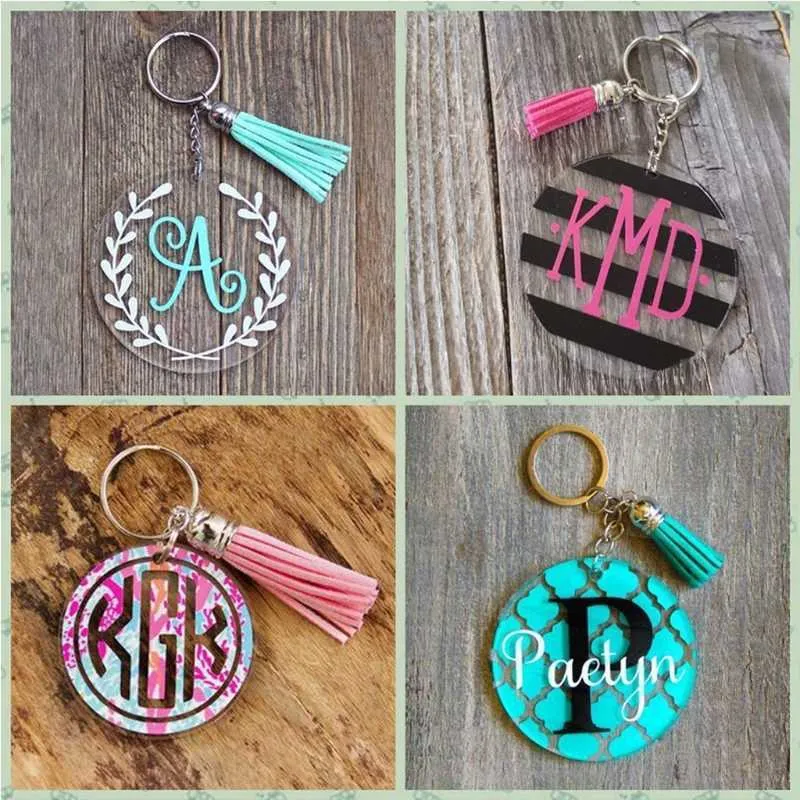 120 st Acrylic Keychain Blanketter med nyckelringar Hoppringar Runda Klara skivor Cirklar Färgglada Tassel Pendants för DIY-projekt CR H0915