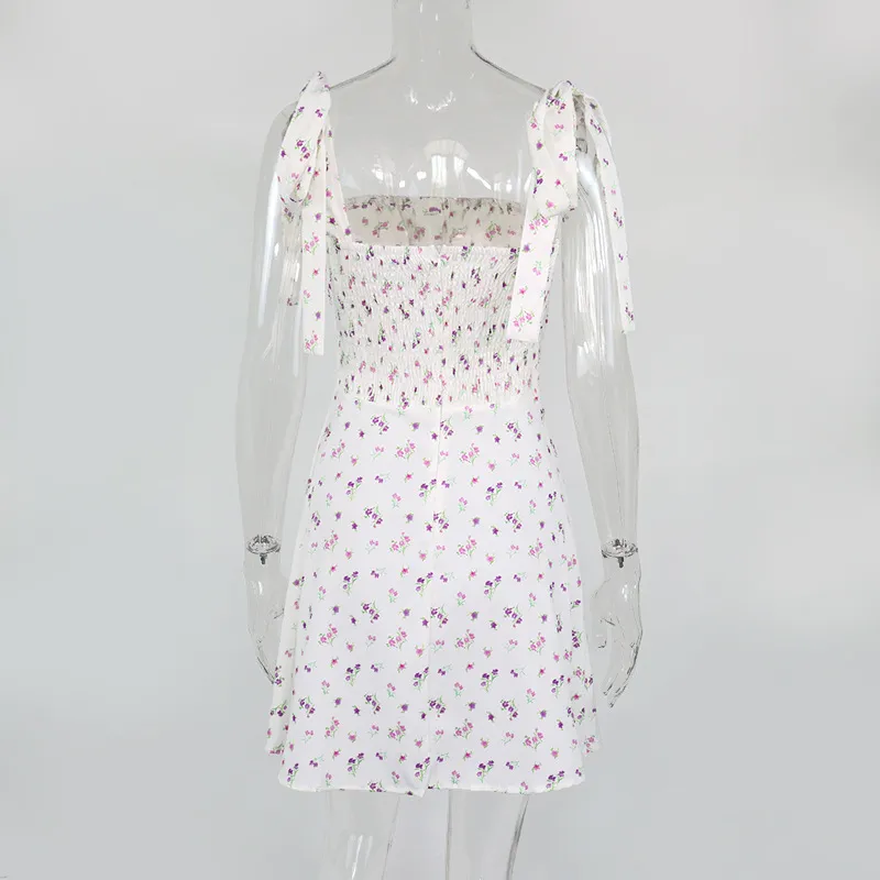 Sommer-Land-Vintage-Design, sexy, umwickelte Brust, florale Falten, sammelnde Taille, Fliege, Riemen, Schlinge, Minikleid für Frauen 210508