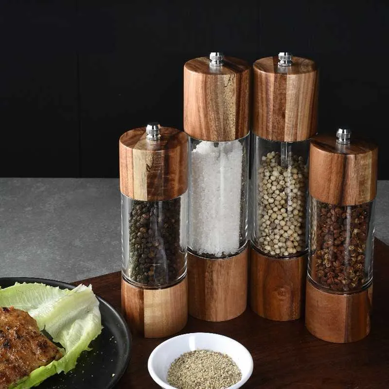 Acacia Cylindrical Grinder, Transparent Pepper Mill, Salt Grinding Ceramic Core, Multi-purpose Seasoning Bottle Kitchen Tools 210713