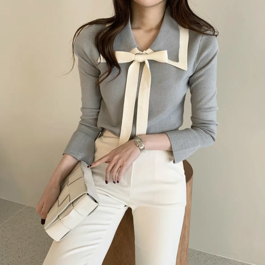 Ezgaga Women Sweater Fashion Autumn Winter Turn-Down Collar Contrast Bow Slim Flare Sleeve Pullover Office Lady Casual Elegant 210430