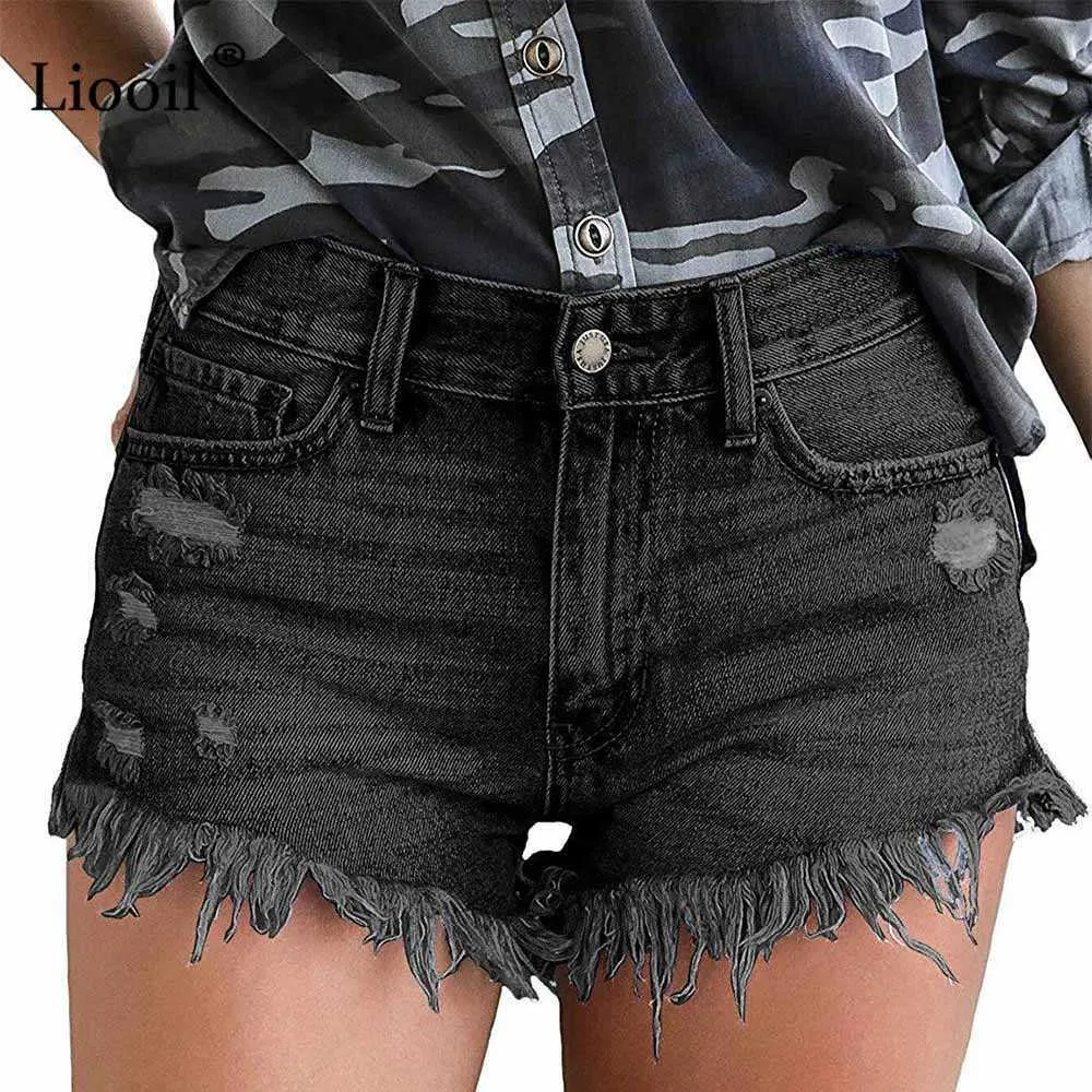 Liooil Denim Shorts Plus Taille Casual Skinny Coton Mid Taille Mode Bouton Poches Gland Femmes Sexy Jean 210621