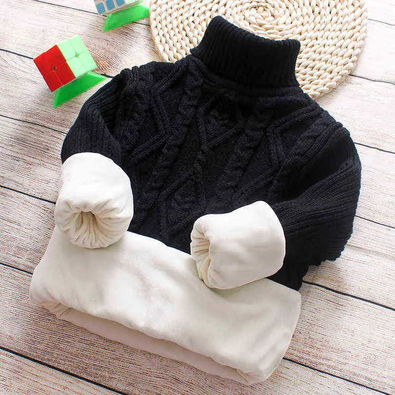 2T-12T Winter Thick Sweaters Boys Girl Knitted Bottoming Turtleneck Shirts Kids Solid High Collar Pullover Sweater Warm Knitwear 211201