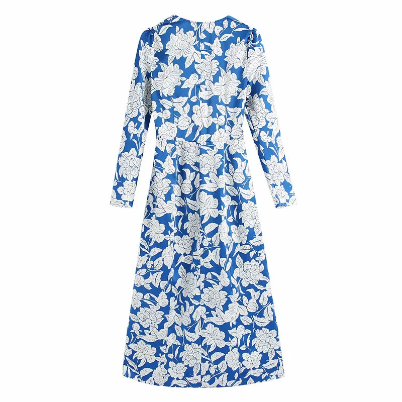 Femme élégante bleu imprimé col carré Satin longue robe printemps mode dames fente latérale es femme Patry 210515
