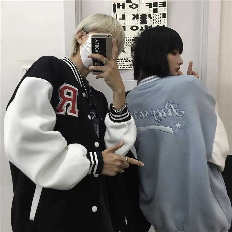 Bahar Sonbahar Ceket Amerikan Beyzbol Bombacı Ceket Gevşek Mektup R Kadınlar Çiftler Harajuku Artı Boyutu Kadın Streetwear Tops 210914