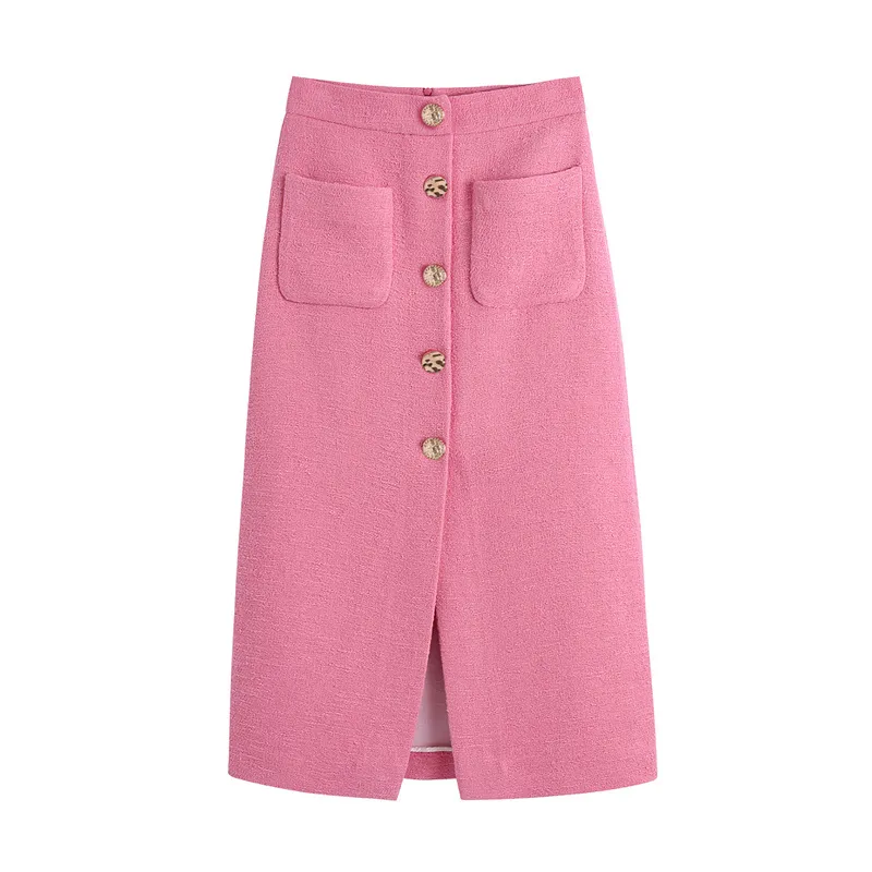 Mode med fickor Tweed Check Midi Skirt Kvinnor Vintage High Waist Front Slit Button Kvinna s Mujer 210430