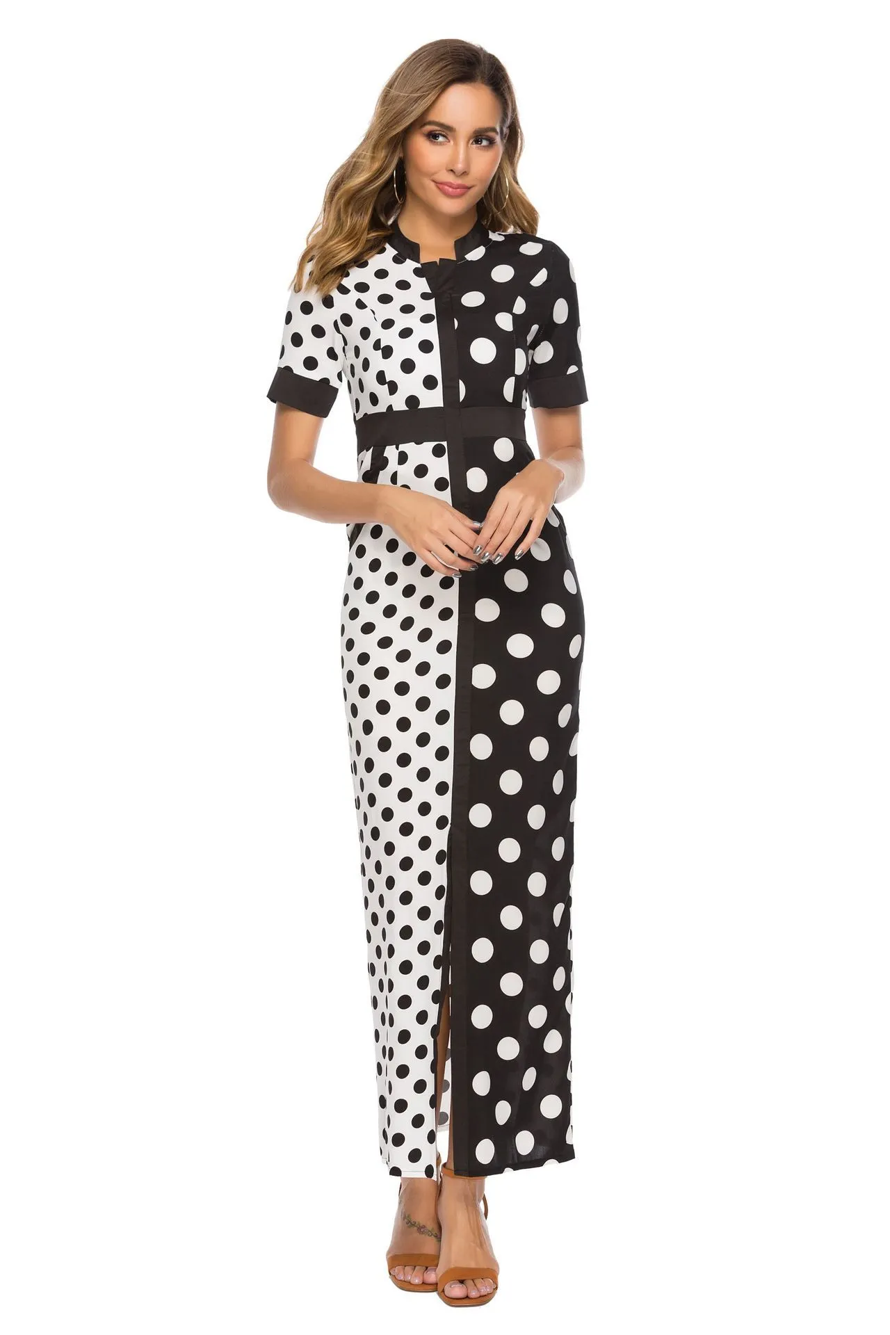 Women Dress Color Matching Dot Printed Maxi Dresses Short Sleeve High Waist Split Sexy Plus Size Summer 210513