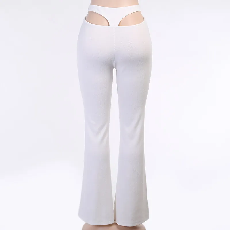 Élégant Coton Tricoté Pantalon Évasé Femmes Sexy Blanc Noir Évider Taille Haute Long Pantalon Dames Casual Pantalon Hiver 210319