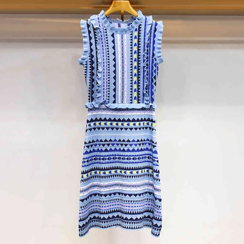 Été Slim Love motif de tricot jacquard bohême robe pull mode Streetwear bleu clair été robe pull en tricot X0521