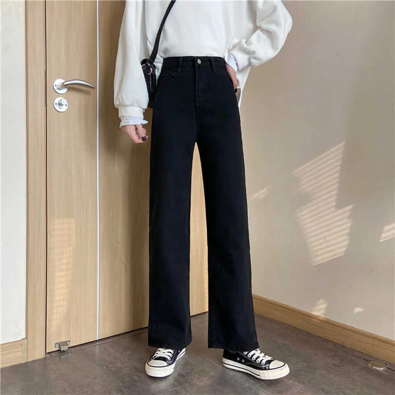 Aelegantmis taille haute jambe large Jeans femmes Vintage lâche blanc Denim pantalon décontracté noir pantalon droit Streetwear Corée Chic 210607