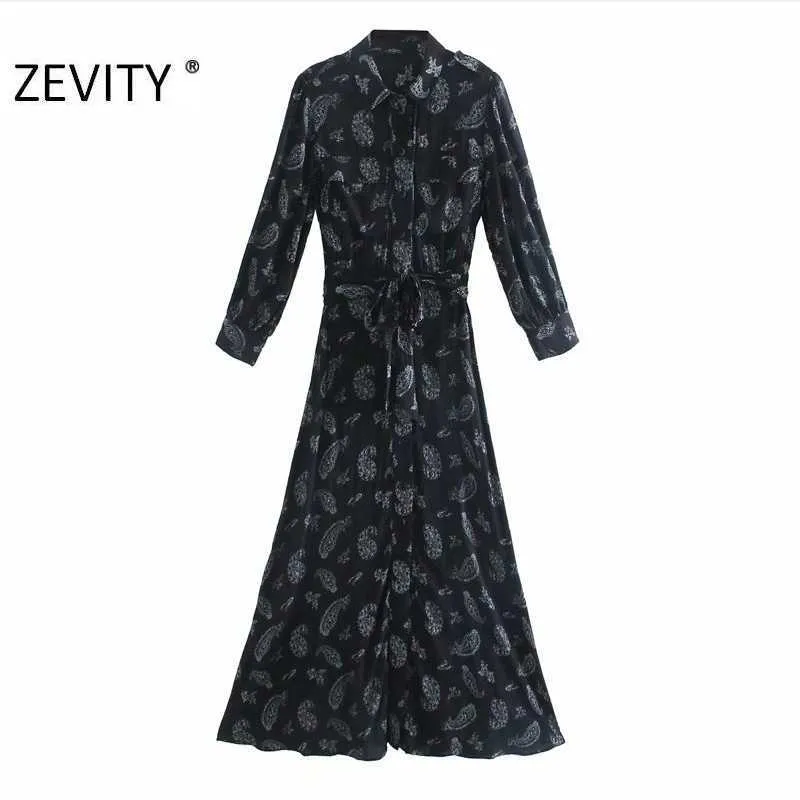 Zevity mujeres vintage anacardos impresión pajarita fajas camisa larga vestido femme manga larga vestido chic casual vestidos delgados DS4469 210603
