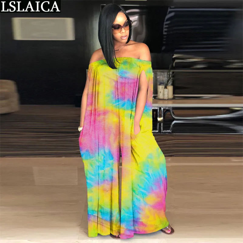 Playsuit Women Sleeveless Tie Dye Loose Outfits For Slash Neck Plus Size 2Xl Sexy Party Club Jumpsuit Summer 210520