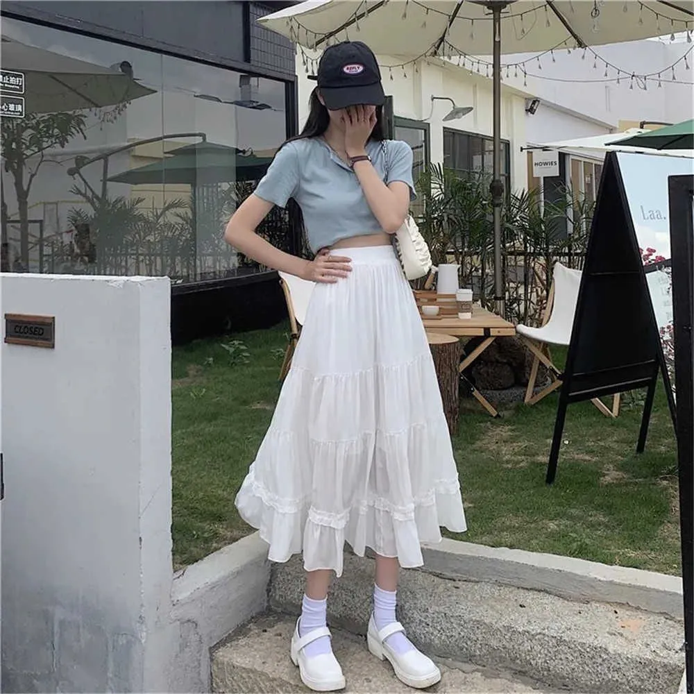 Vintage Ruffle High Taille Jupe Femmes Summer Teens School Girls Frill Plissé Volants Patchwork Long Midi Noir Goth Jupes 210619