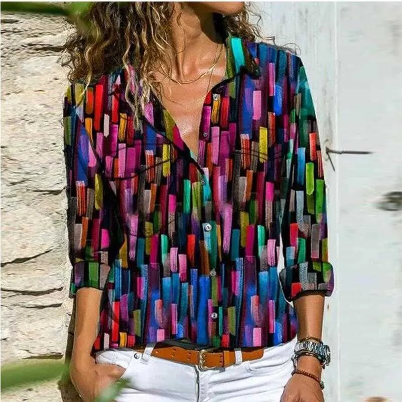 Vrouwen retro kleurrijke print knoppen blouse shirt herfst lange mouwen turn-down kraag dames top streetwear casual plus size blusa 210719