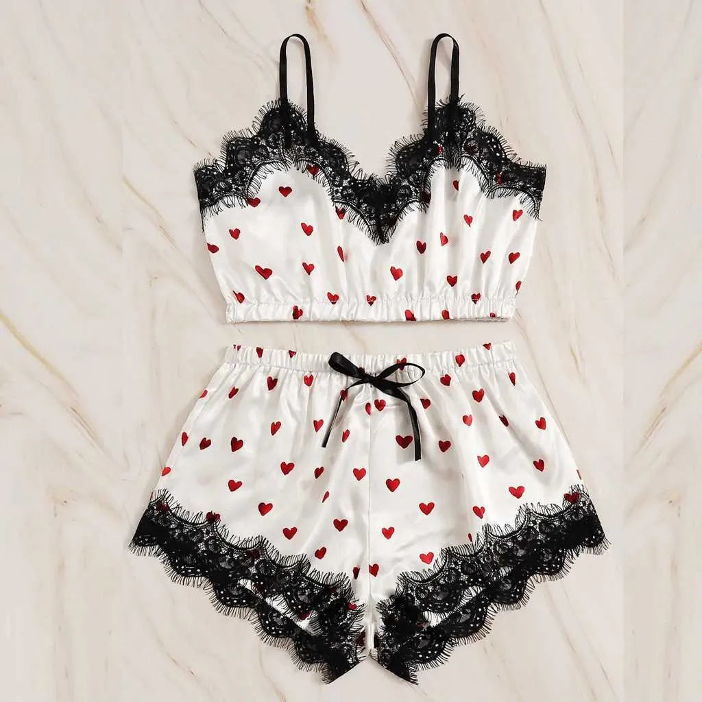 Sexig underkläder Pajama uppsättningar för kvinnor Hemkläder Nightie V-Neck Heart Print Lace Satin Camisole Bowknot Shorts Set #yj Q0706