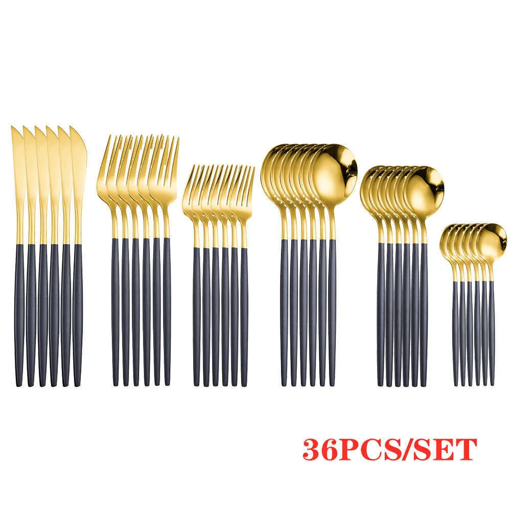 Goldbesteck-Sets, goldene Löffel, Gabeln, Messer-Set, Edelstahl, Messer, Gabel, Kaffeelöffel, Essstäbchen, Spiegel, Geschirr-Set 211228