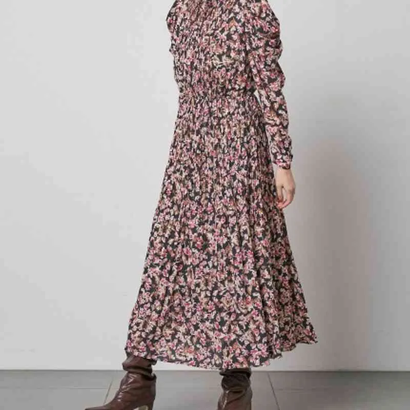 ヴィンテージコートスタイルフランスの印刷の気質ドレス女性のハイウエストヒップラインドレープvestidoスタンドカラーパフ長袖ローブ210514