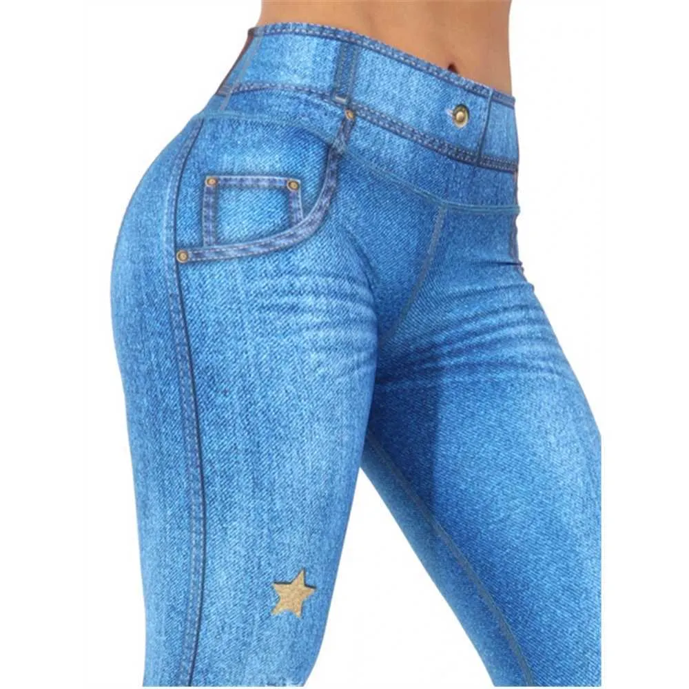 Vrouwen Leggings Skinny Stretchy Broek Sweatpants Denim Print Star Design Broek Casual Lente Zomer Jeggings Not Jeans 210925