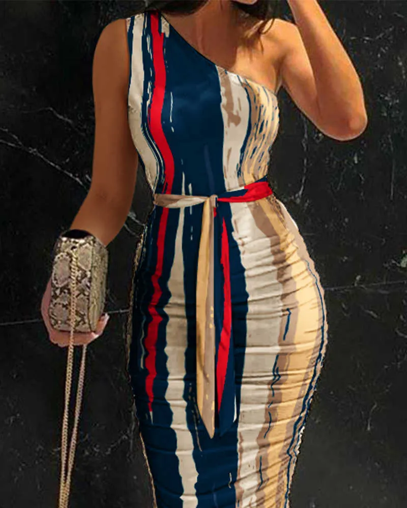 2021 Elegant Workwear Outfits One Shoulder Ruched Tie Front Muticolor Striped Sexy Midi Bodycon Dress Women's Club Party Dresses Y1006