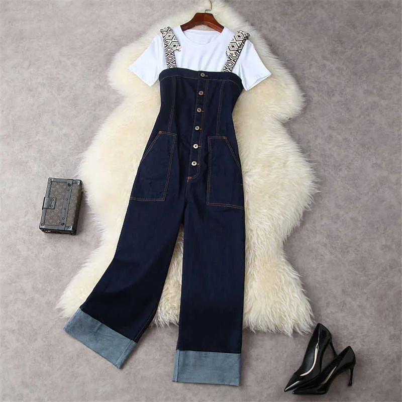 Fashion Streetwear Women's Summer Suit Outfits Brief White Cotton T-Shirt+Crimping Overalls Jeans Pants Matching Set 210601