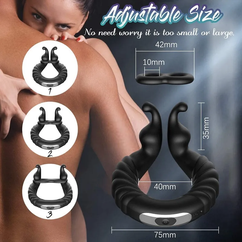 Pénis Anneau Vibrateur Retarder L'éjaculation Cock Ring Taille Réglable Plus Dur Dispositif De Chasteté Masseur De La Prostate Sex Toy pour Hommes 210323