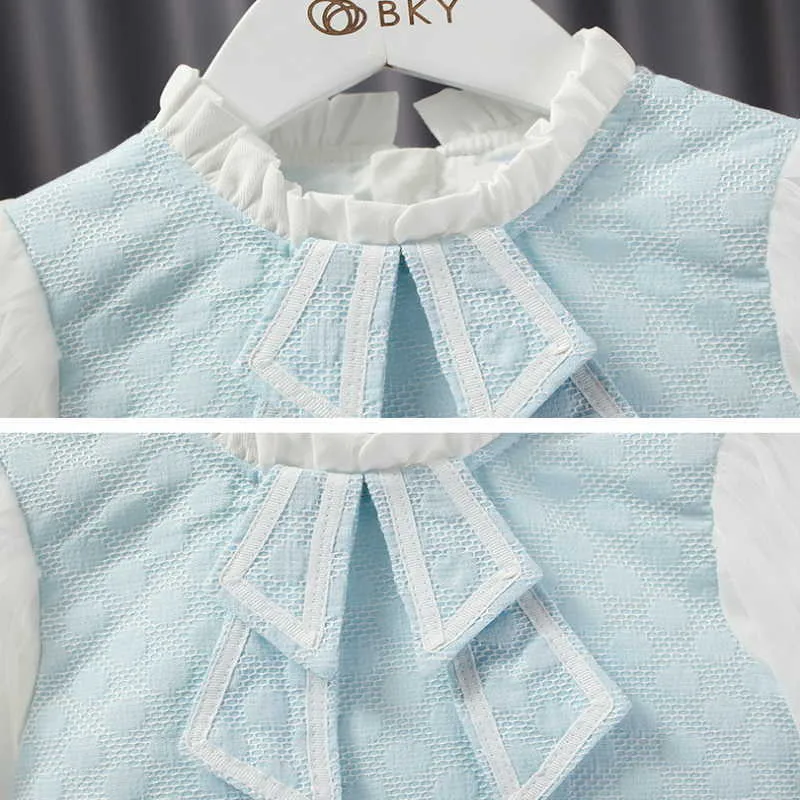 Bahar Çocuk Kız Elbise Mavi Sahte Cep Puf Kollu Lady Stil Prenses Çocuk Moda Giysileri E1107 210610