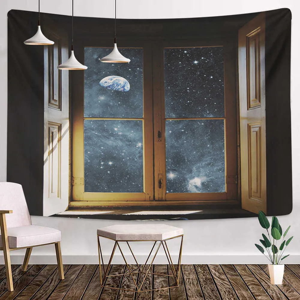 窓の外の海の外側のタペストリーヒッピーの壁掛け星空の夜空撮影のシーケデリックな壁の布カーペットの天井210609