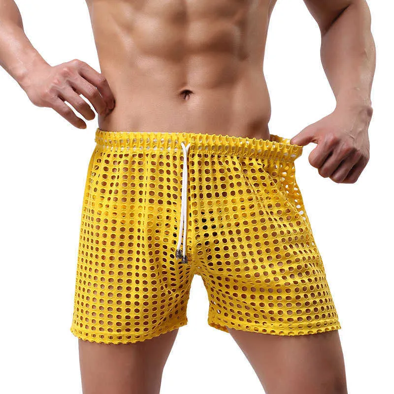 Mens Trunks Mesh Fishnet Hollow Out Boxers Transparenta Lösa kausal Shorts Sova Bottoms Quick-Torka Elastici Palestra 210716