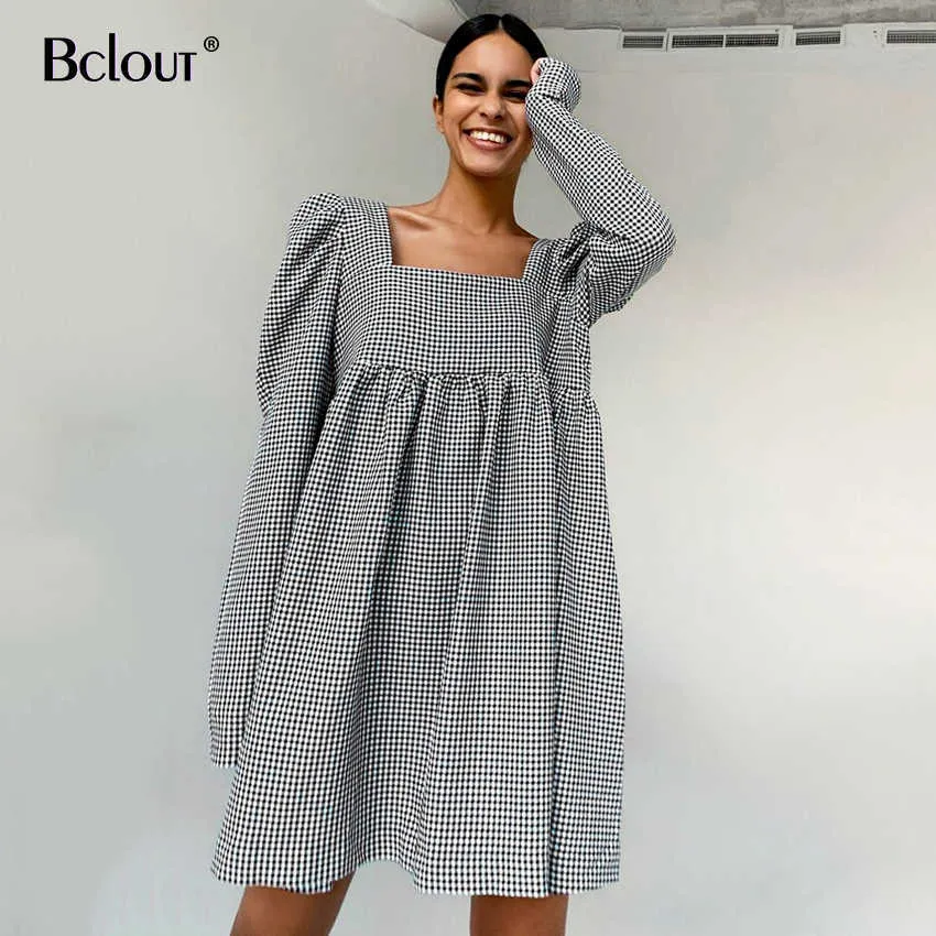 Bclout Black White Plaid Dress Vintage Puff Sleeve Mini Klänning Kvinna Höst Fyrkant Krage Casual Lady Vestido Zipper Sexig 210706