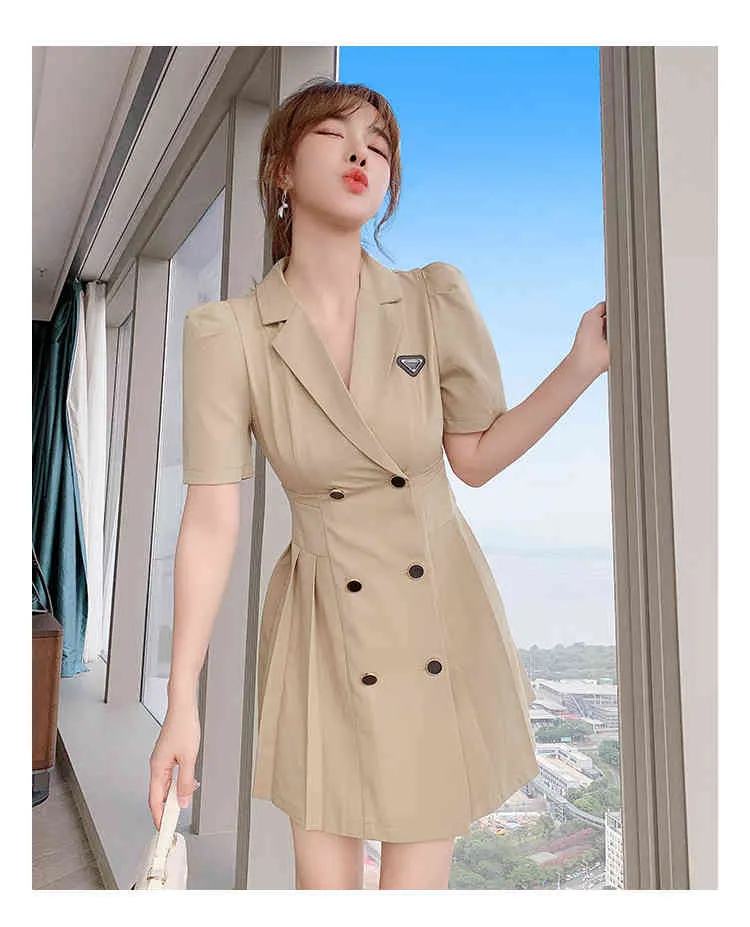 Летние женщины элегантные зубчатые воротники слоеного рукава двубортные мини-плиссированные платья винтажные ol тонкие талии мини-платье 210518