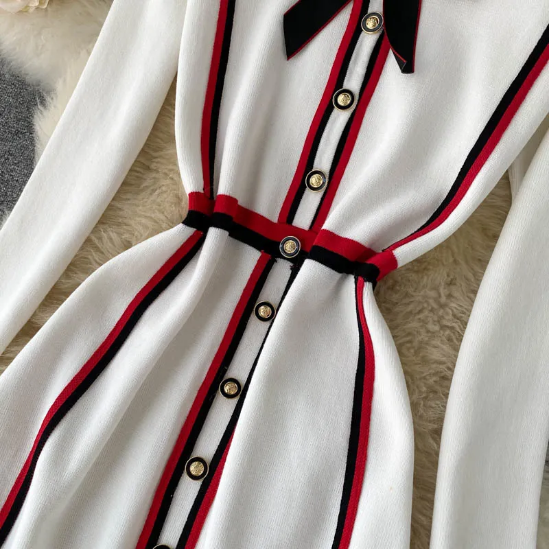 Höst Kvinnor Klänning Koreansk Casual Långärmad Robe Femme Striped Bowknot Lapel Elegant Streetwear Stickad Sweater Klänningar 210514