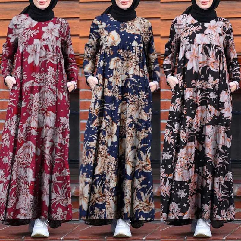 ZANZEA Retro Dubai Abaya Turkiet Hijab Klänning Dam Vintage Blommig tryckt Maxi Sundress Sommar Långärmad Kaftan Muslim Vestido X0521