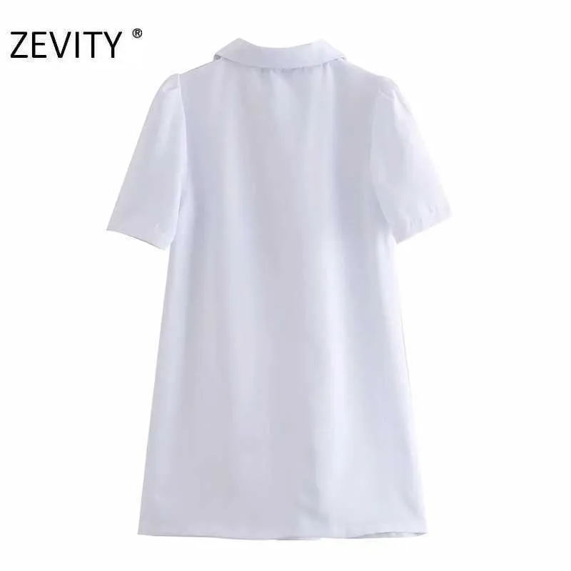ZEVITY women fashion turn down collar pearl buttons shirt dress office lady puff sleeve vestido chic business dresses DS4405 210603