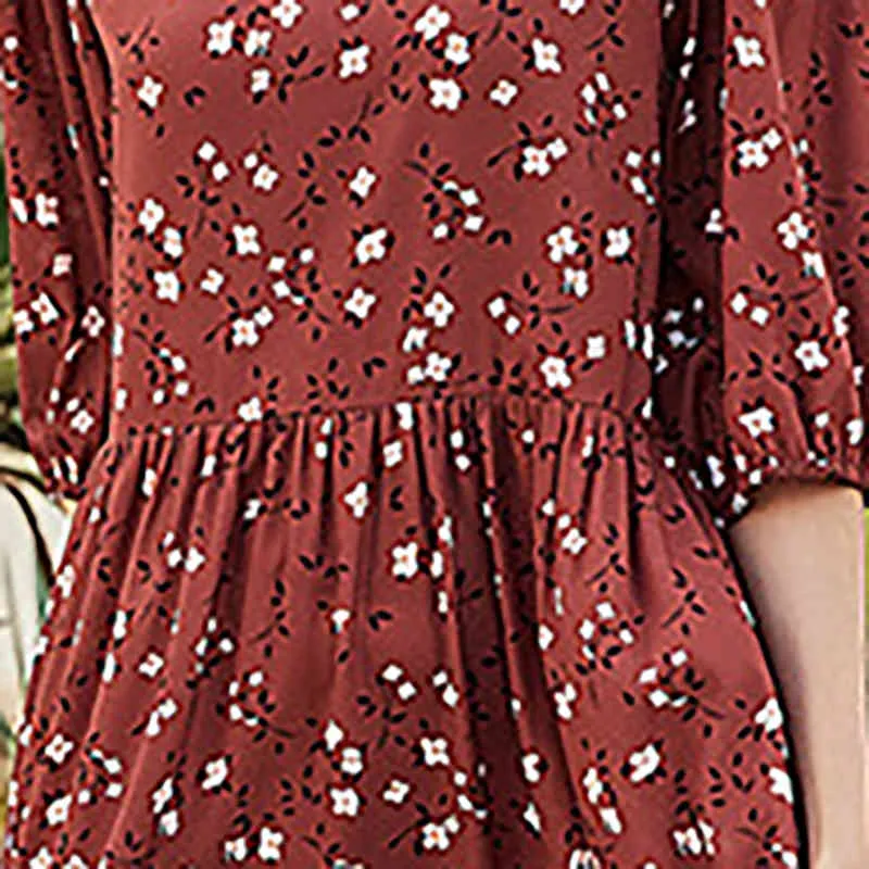 Mulheres vestido longo para primavera verão moda floral impresso o-pescoço meia manga plissada es bohe chiffon 210524