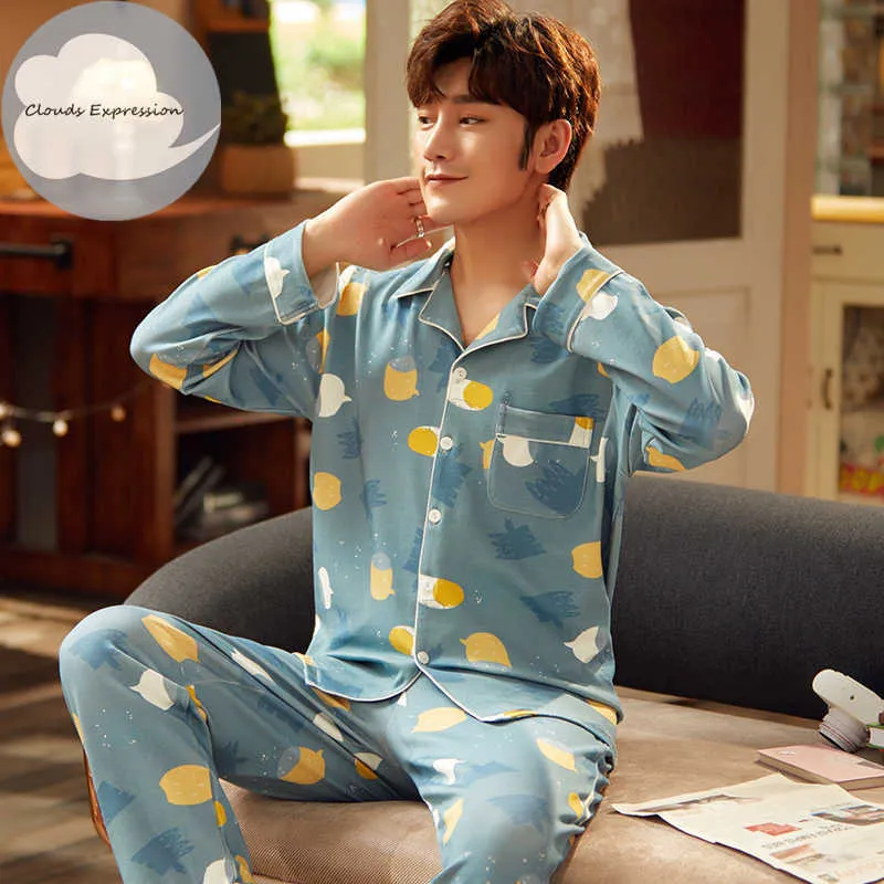 Primavera otoño de punto de algodón de dibujos animados de los hombres Pijamas de rayas conjunto Casual ropa de dormir masculina Pijamas de noche 3XL Homewear 210928