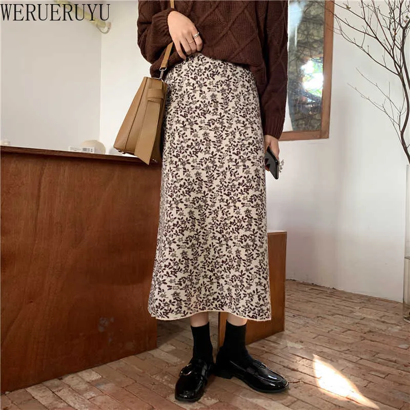 WERUERUYU floral print women skirt High waist spring winter female midi skirts Holiday ladies skirts 210608