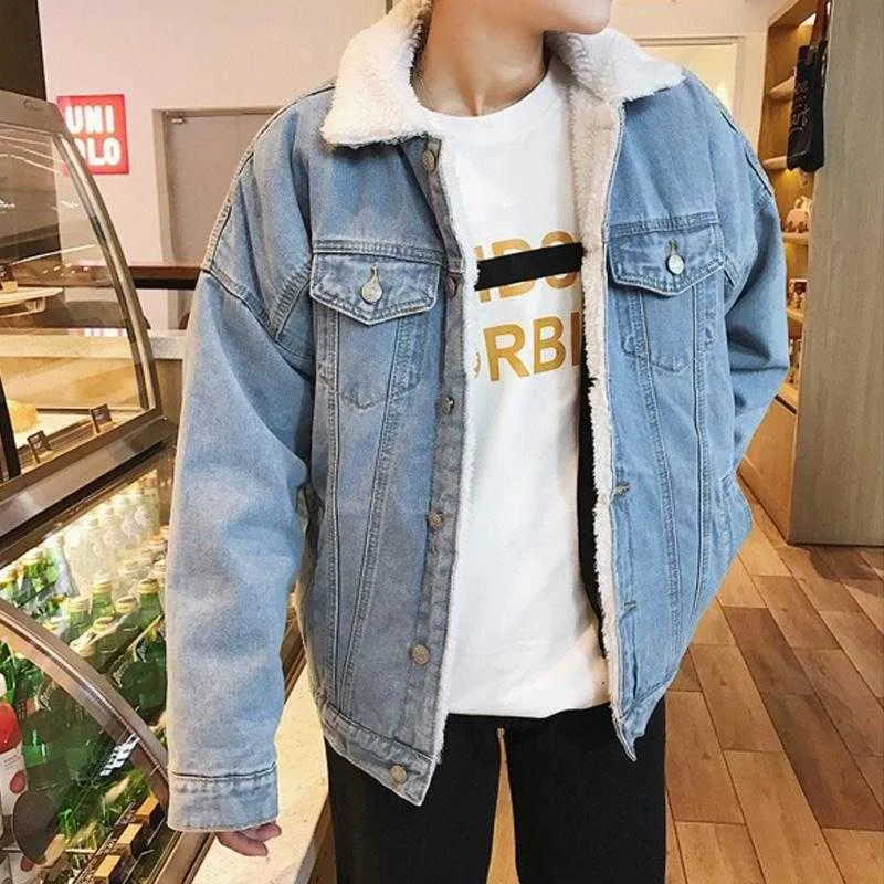 Winter Retro Men Light Blue Jean Jackets Outerwear Warm Denim Coats Large Size Fleece Padded Jacket Top 210811