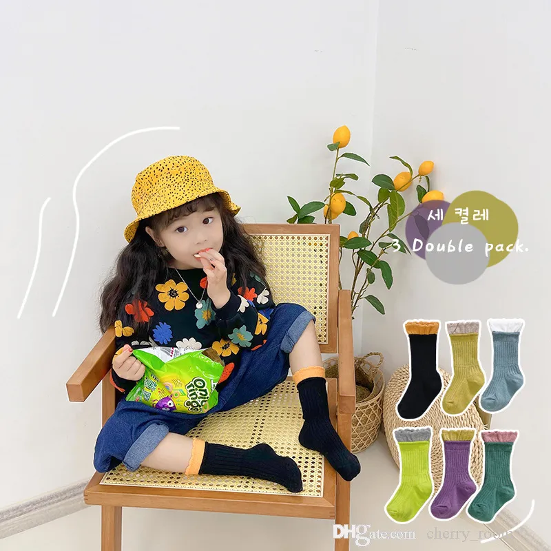 Herfst 2021 Kinderen Katoenen Sokken Baby Jongens Meisjes Pure Kleur Grote Splice Kant Sok Schattig Princess Tide Casual Hosiery D064