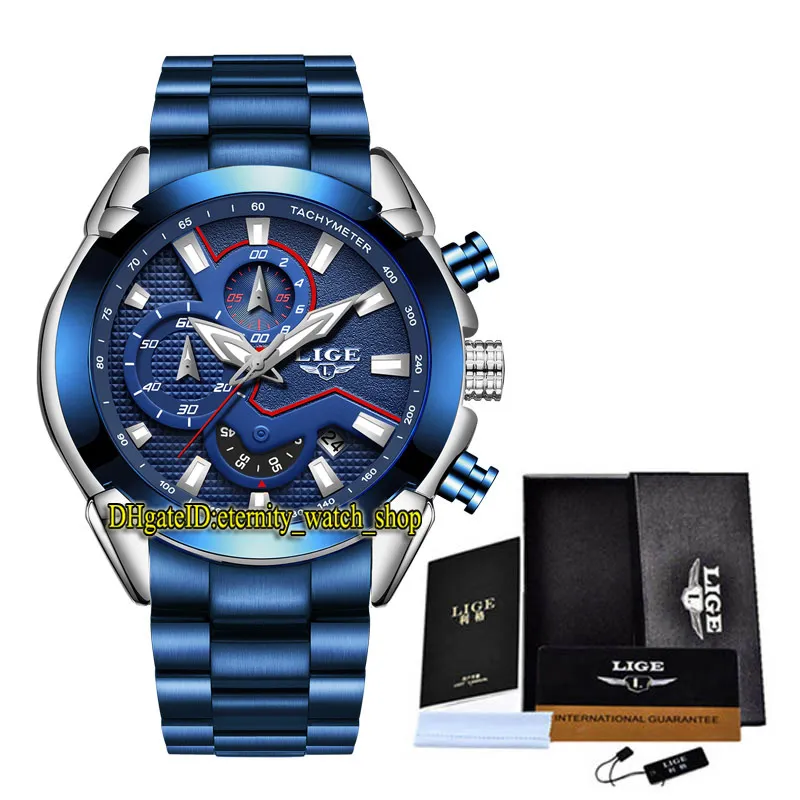 LIGE eternity LG9869 Sport Mens Watches Date Blue Dial Japan VK Quartz Chronograph Movement Luminous Men Watch Black Bezel Silvery Steel Case Leather strap