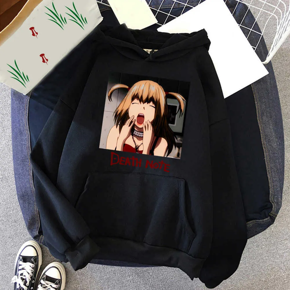 Moletom moletom harajuku bonito misa amane loog casual sleeve estilo de rua legal anime mortal nota impressão capuz homens mulheres unisex h0910