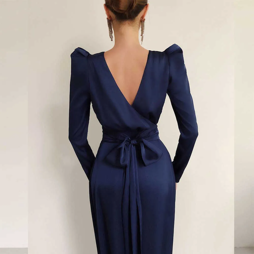 Ocstrade Runway Sexig Backless Blue Långärmad Bodycon Dress Höst Kvinnor Lace Up Es Club Party Evening 210527