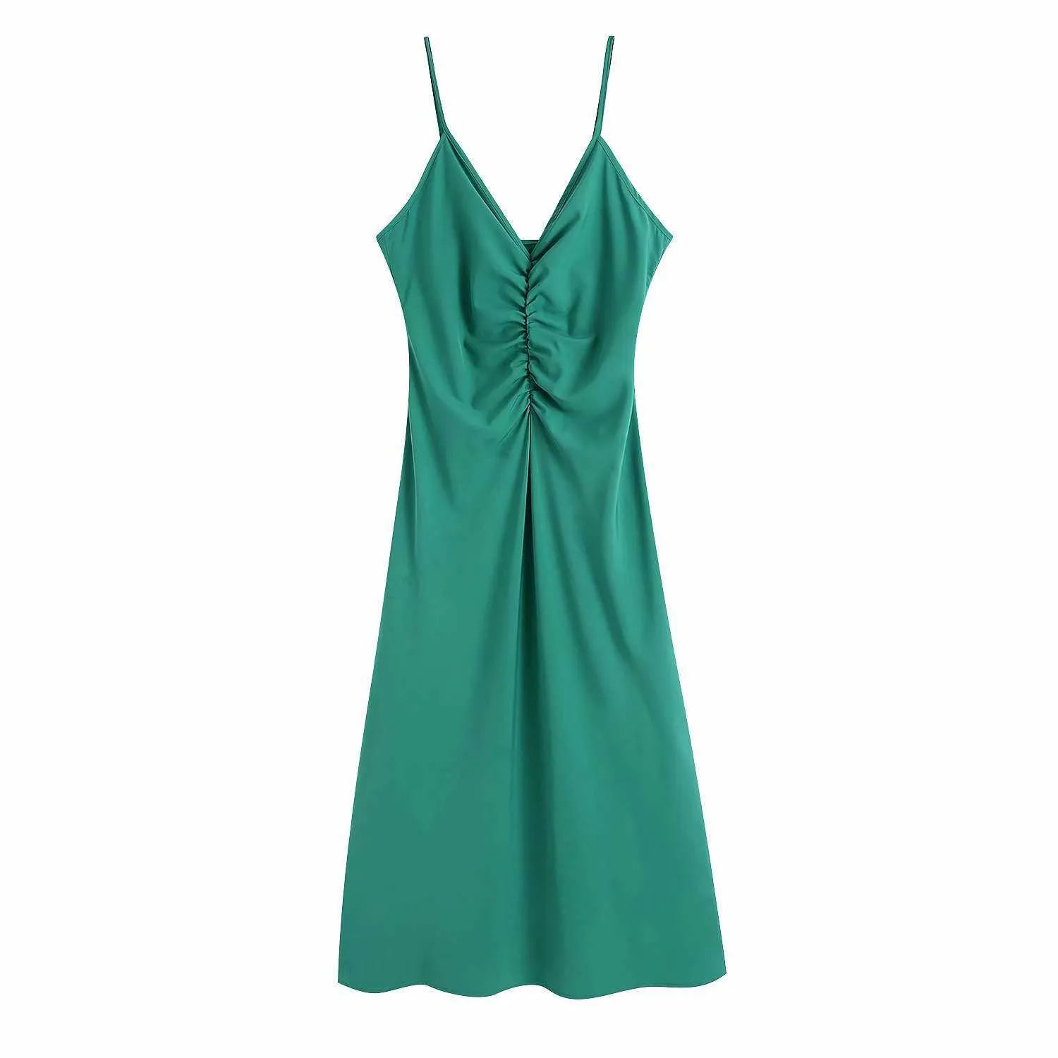 Za Green Sexy Strap Backless Long Dress Women Summer Ruched Evening Party Dresses Woman Elegant Gowns Vintage Vestidos 210630