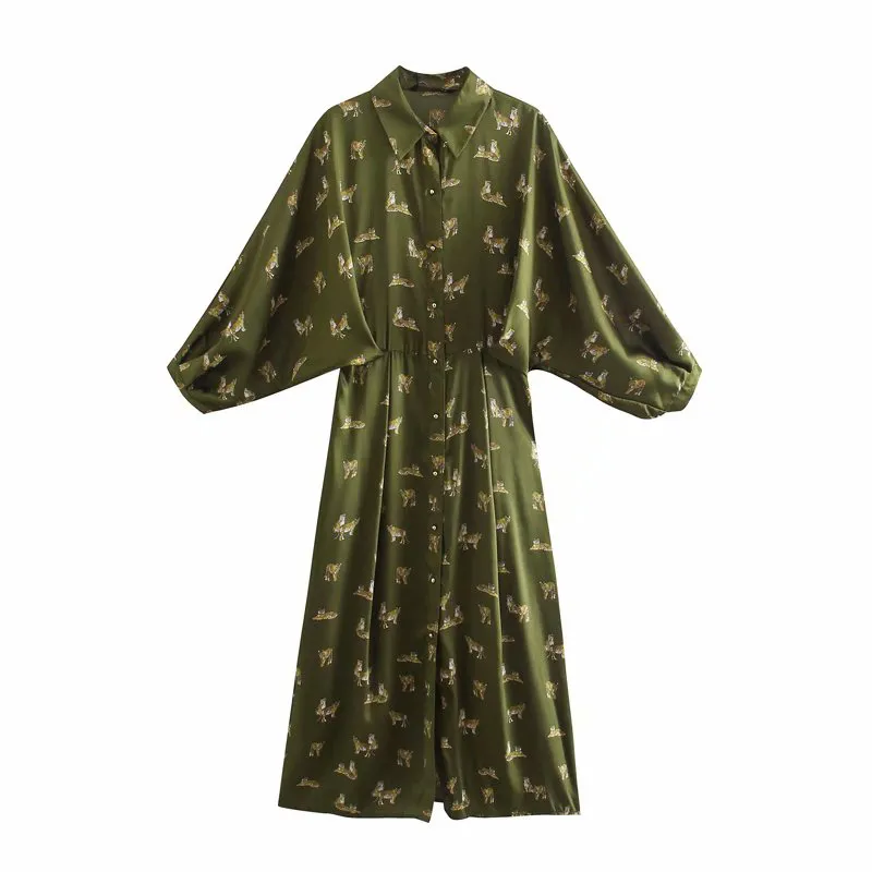 Vuwwyv grön djurtryck skjorta klänning kvinnor vår framknapp krage kvinna lång ballong ärm ut går vestido 210430