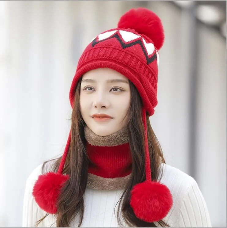 Vinter söt och varm ullen stickade hattar halsdukar sätter mode förtjockat tre-boll öronskydd söt kvinnlig hatt kostym keps
