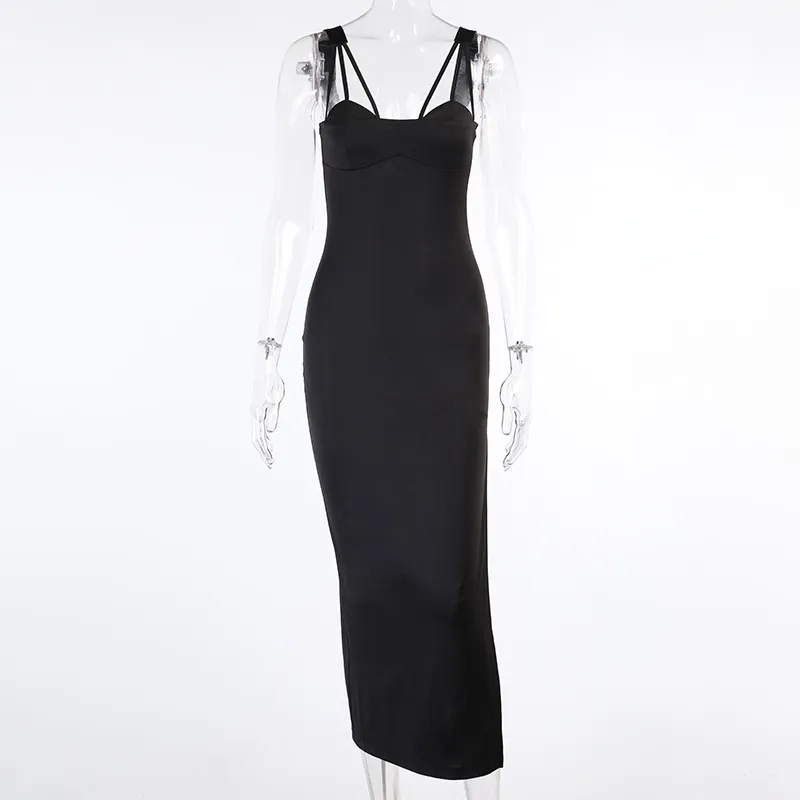 Donne Sexy Spaghetti Strap Goth Abito nero Estetico Elegante Skinny Midi Lolita Party Club Backless Vita alta 210517