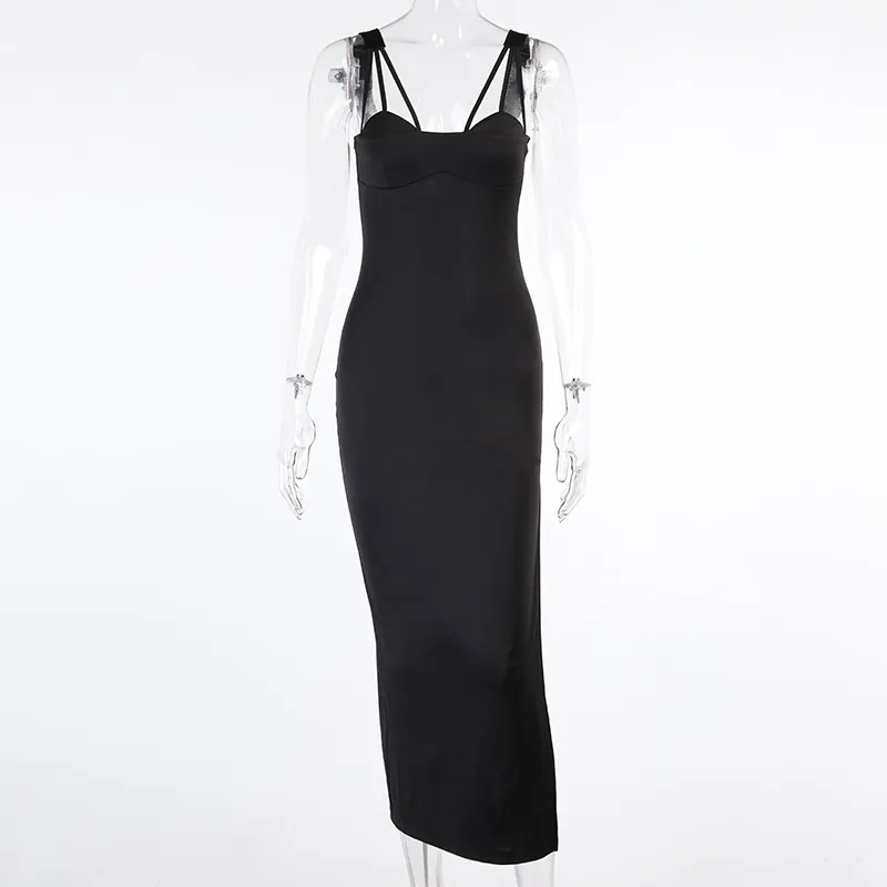 Vrouwen sexy spaghetti riem goth zwarte jurk esthetische elegante skinny midi lolita party club backless hoge taille 210517