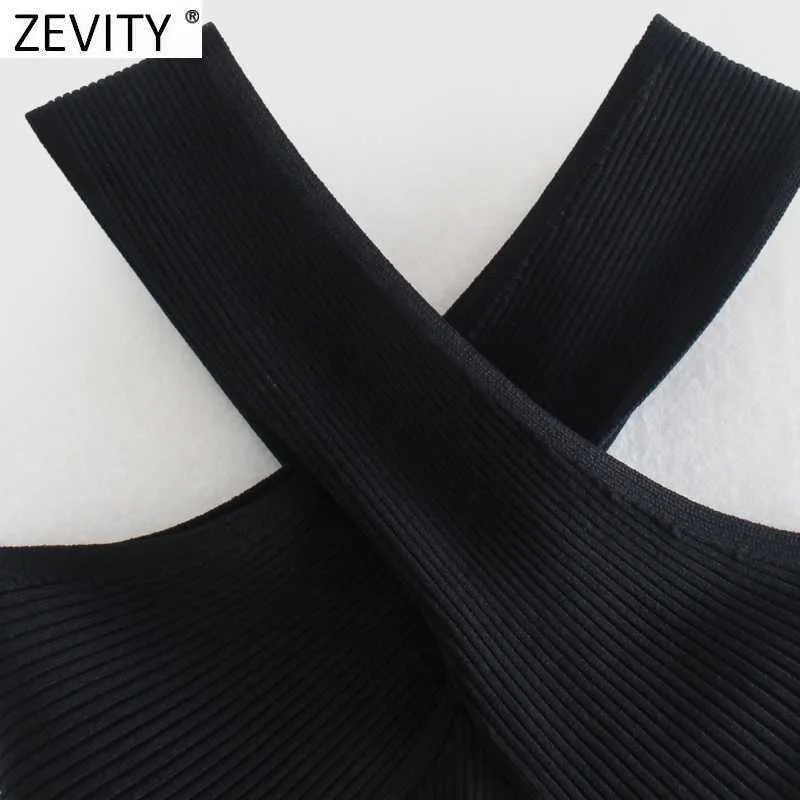 Zevity Women Chic Sexy Cross Strap Black Knitting Camis Tank High Street Ladies Summer Slim Crop Tops SW835 210603