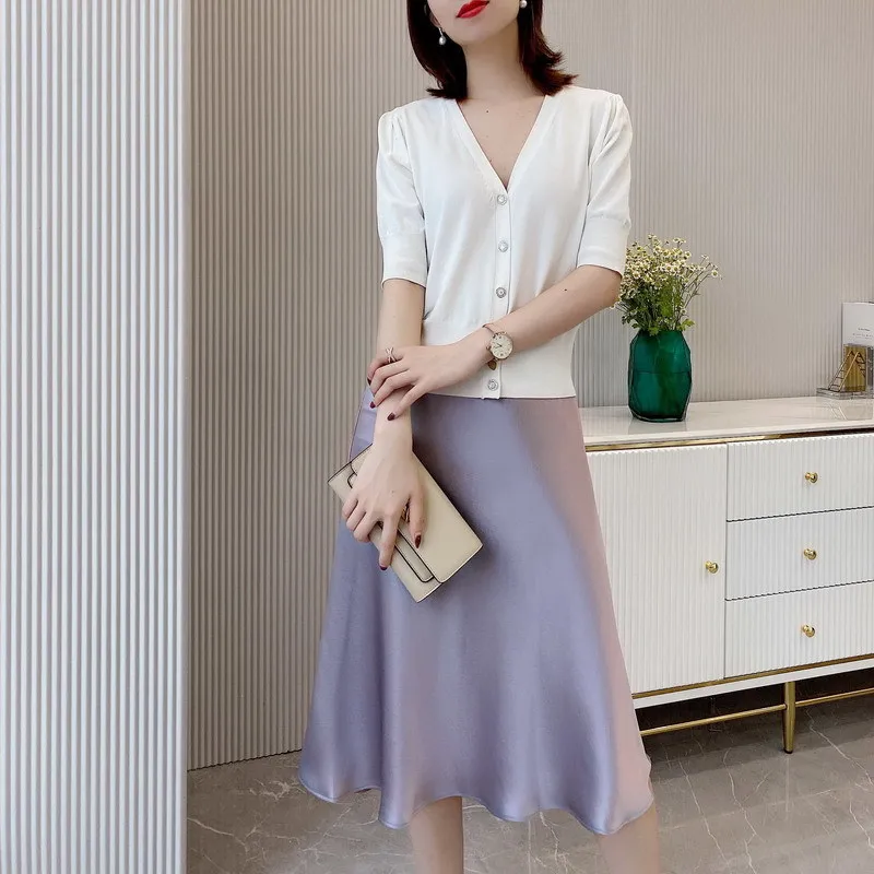 Silk Satin Skirts for Women High Waisted A-Line Elegant Summer Pink Midi Korean Fashion Style 220221